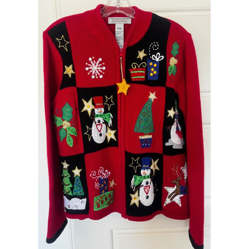 Tiara International Vintage Ugly Christmas Sweater ZipUp Cardigan Sz M Patchwork